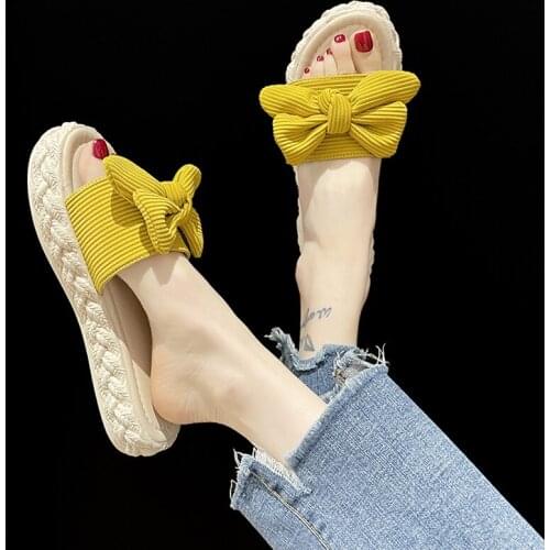 Slippers Women Slides Bow Summer Sandals Bow-Knot Slippers Thick Soles Flat Platform Female Floral Beach Shoes Flip Flops