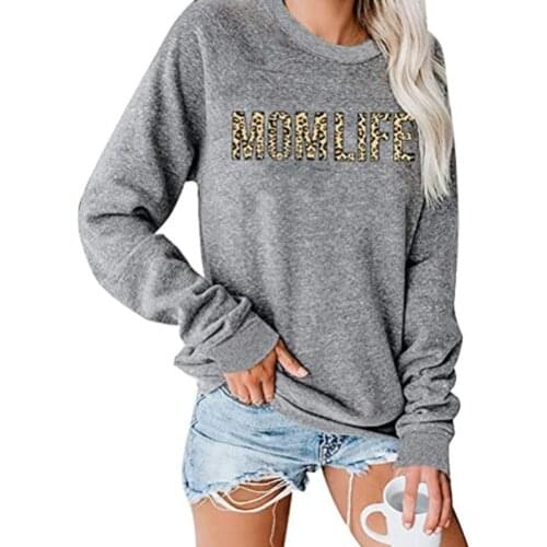 Women’s Spring Autumn Long-Sleeved Sweatershirt New Fashion Leopard Letter Print Loose Round Neck Pullover Top