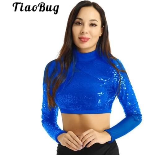 TiaoBug Women Shiny Sequins Long Sleeve Mesh Splice Sexy Crop Tops Festival Rave Performance Dance Costume Ballet Gymnastics Top