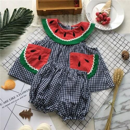 Tonytaobaby Summer New Baby Girl Lovely Watermelon Plaid Cotton Baby Clothes Set Girl Clothes