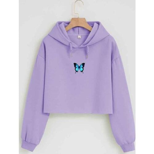 Crop Top Hoodie Hoodies Women Butterfly Long Sleeve Sweatshirt Cotton Top Women Aesthetic Clothes Korean Fashion Pullovers