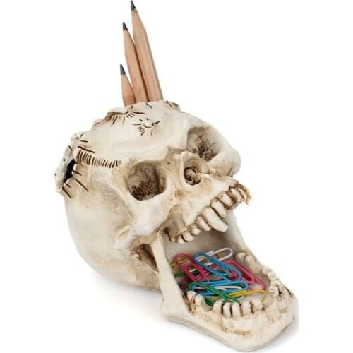 Skull Head Ornament Skeleton Pen Holder Desktop Pencil Organizer Makeup Storage Skull Head Ornament