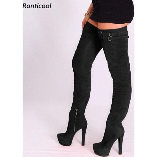 Ronticool New Arrival Women Winter Platform Thigh Boots Flock Square High Heels Round Toe Black Blue Party Shoes Us Size 5-20
