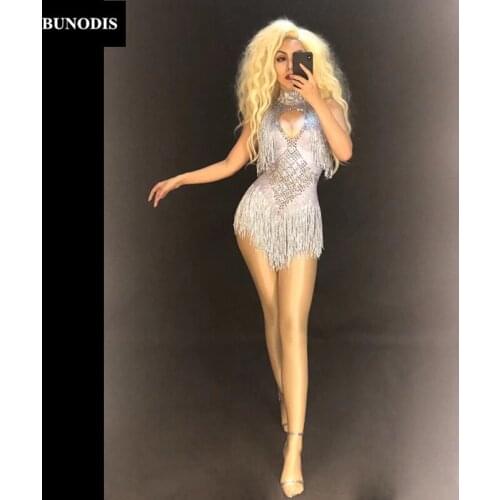 ZD358 Women Sexy Silver Tassel Bodysuit Sparkling Crystals Jumpsuit Nightclub Party Stage Wear Dancer Singer Show Time Bling