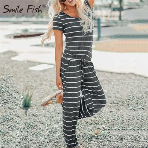 Black White Striped Short Sleeve Casual Long Jumpsuits Loose Pockets O-Neck Women Overalls Summer Plus Size Rompers Mujer GV026