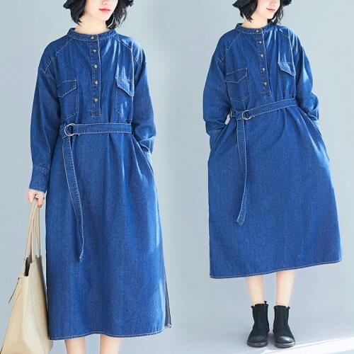 New Spring Autumn Women Dresses Plus Size Stand Collar Collect Waist Belt Slim Solid Long Sleeve Jeans Dress For Women Denim