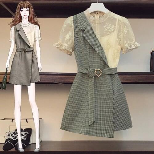 Plus size office ladies lace patchwork plaid dresses for women Summer short sleeve high waist irregular french vintage midi robe