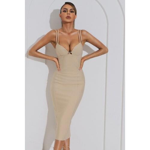 Solid Nude Women Summer Sexy Sleeveless Beige Green Split Midi Bodycon Bandage Dress 2021 Elegant Evening Party Club Dress