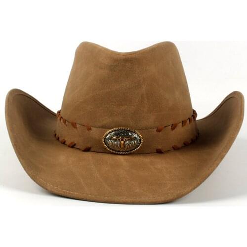 100% Leather Men Western Cowboy Hat For Gentleman Dad Sombrero Hombre Caps Size 58-59CM Dropshipping
