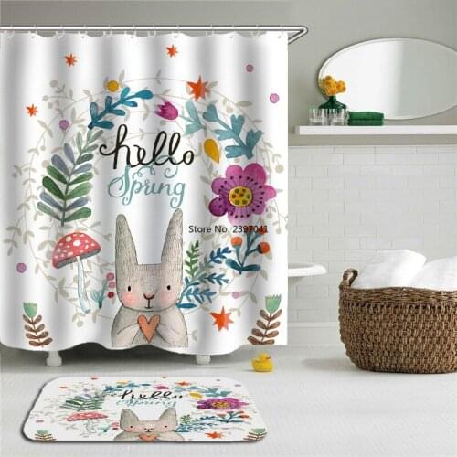 2Pcs/set Lovely Cat Rabbit Shark Owl Shower Curtain Set Mat Bathroom Waterproof Cloth Bathroom Non-slip Floor Mat Bath Curtain