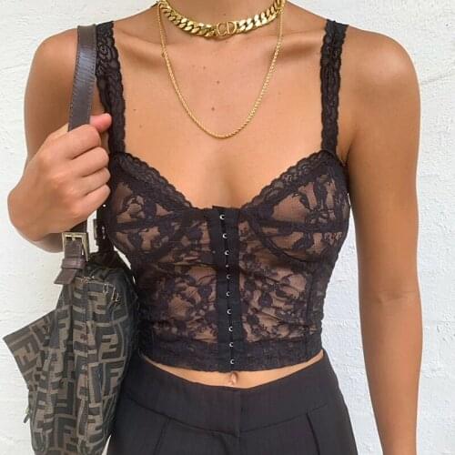 2021 Women Summer Top V-Neck Sleeveless Backless Lace Patchwork Mesh Tank Top Women Streetwear Lace Crop Top Women Sexy Camis