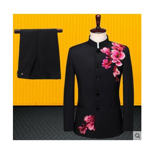 Blazer men groom suit set with pants mens Chinese tunic suit costume singer stage Embroidery flower clothing formal dress b