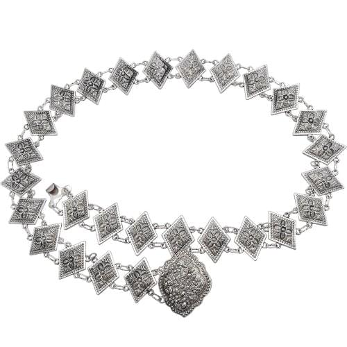 Bohemian Vintage Carved Silver Metal Waist Chain For Women Girls New Fashion Diamond Carved Flower Belt Arabian Jewelry Gift