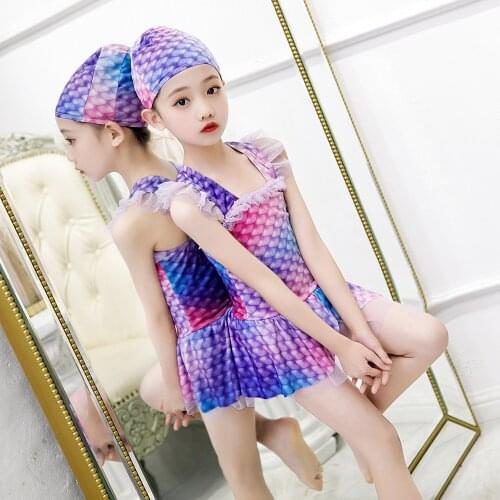 2PCS Kids Girls Mermaid Swimsuits Cosplay Costume Summer Holiday Party One-piece Mermaid Swimsuits + Cap Sets C30M278