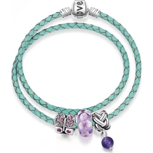 Elegant Leather Bracelet Purple Butterfly Crystal Beads DIY Bangle For Womens Gift Jewelry