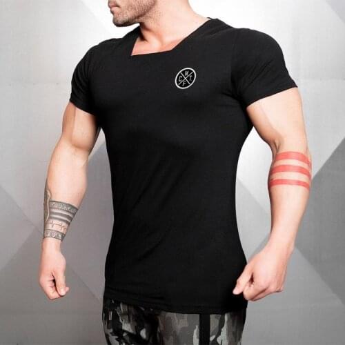 Summer Fashion Square Collar T Shirt Men Cotton Breathable Fitness Short Sleeve t-shirt Gyms Clothing Tight Bodybuilding Tees