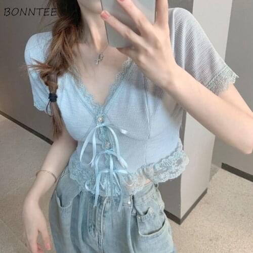 T-Shirts Women Summer Hot Sexy Female Tops Soft Leisure Trendy Students Korean Style Lace Harajuku Elegant Chic Retro Streetwear