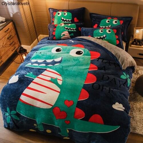 Cartoon Pattern Flannel Bedding Set Dinosaur Print Duvet Cover Bed Sheet and Pillowcases 4pcs A Lot Queen Size Comforter Sets