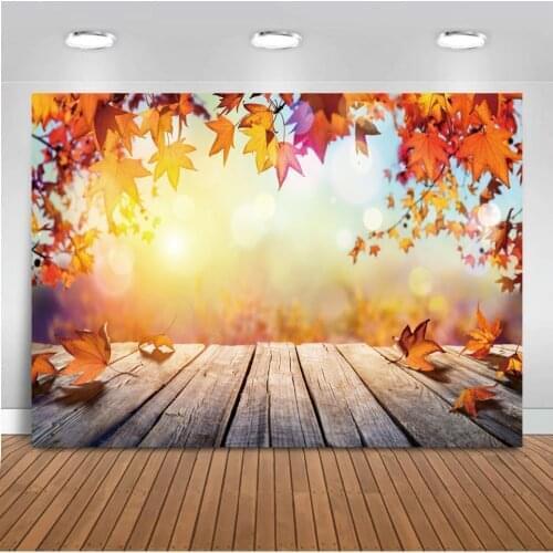 Laeacco Vinyl Backdrops Yellow Maples Autumn Polka Dots Light Bokeh Wood Floor Child Scenic Photo Background For Photo Studio