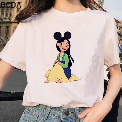 Summer Casual Women T-shirt Streetwear Kawai Mulan Princess Mickey Ear Hat Print T-shirt Harajuku Short-sleeved T-shirt