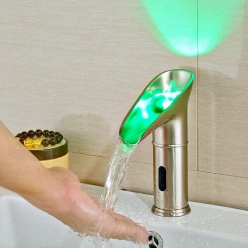 Brushed Nickle Sense Faucets Handfree Light Changing Bathroom Automatic Sense Faucet