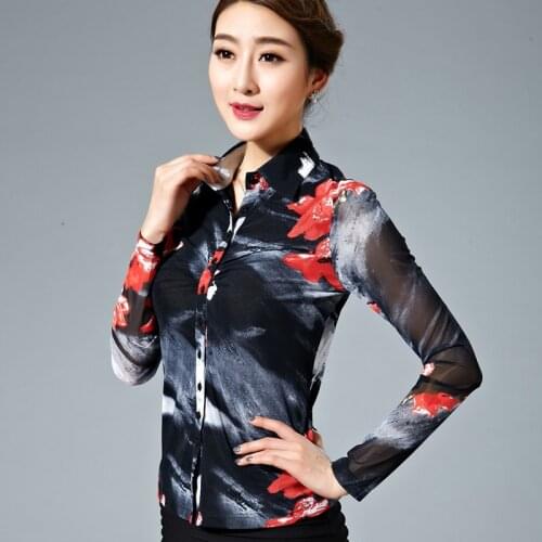 Autumn 2017 Womens Printed Floral Pattern Slim Stretch Full Sleeve Blouse Shirt , Spring Female Woman Pleated Cardigan Blouses