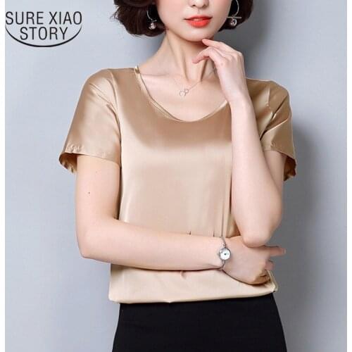 Casual Womens Tops and Blouses 2021 Summer Women Shirt Plus Size Silk O-neck Sling Tops Satin Short Sleeve Stretch Solid Blouse