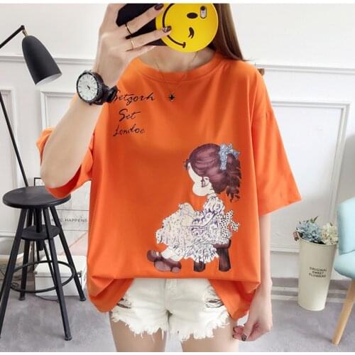 Short Sleeve Simple Cotton black red Tshirt Lady Plus Size Womens Loose Cartoon T-shirt Youth Cotton Casual Tshirt