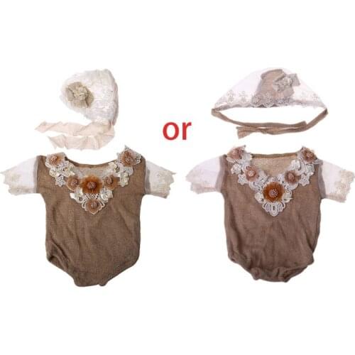 Newborn Photography Props Soft Lace Hat Baby Boy Girls Costume Handmade Knit Romper Outfit Set Baby Photo Props 69HE