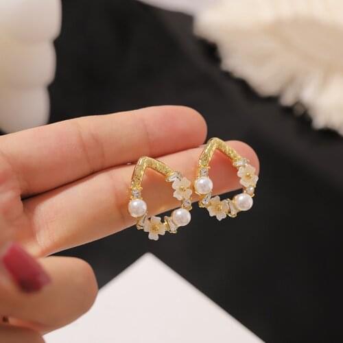 S925 Silver Needle Temperament Simple Flower Crystal Net Red Earrings Womens Wedding Jewelry Imitation Pearl Earrings