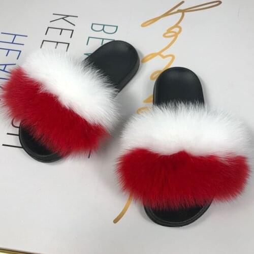 Fur Slippers Fluffy Slides Real Fox Fur Slippers Fashion Summer Women Hot Sale Flat Sandals