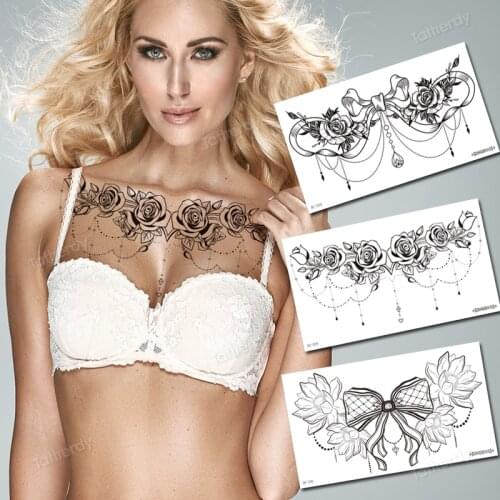 Sternum tattoo black henna lace butterfly flower sketch tattoo designs waterproof big sexy tatoo for women girls body art decal