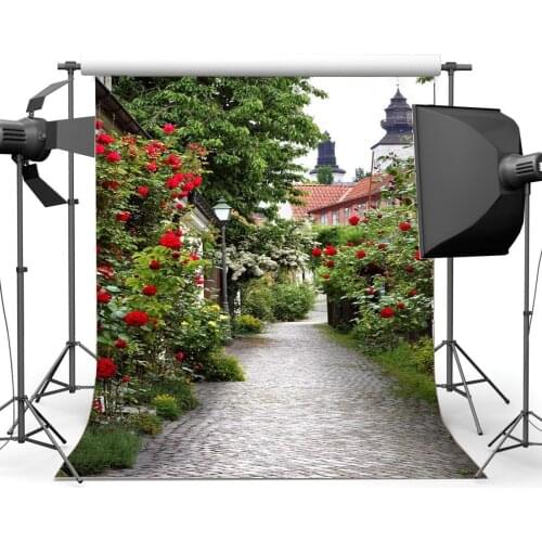 Spring Backdrop Italy Small Town Narrow Street Backdrops Fresh Red Flowers Green Plants Brick Floor Photography Background