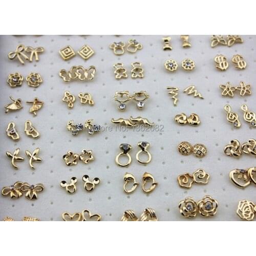 Jewelry Wholesale 50pairs Random Style Gold Color Crystal Flower/Cartoon Cat/Butterfly/Strawberry/Heart Stud Earrings ME130