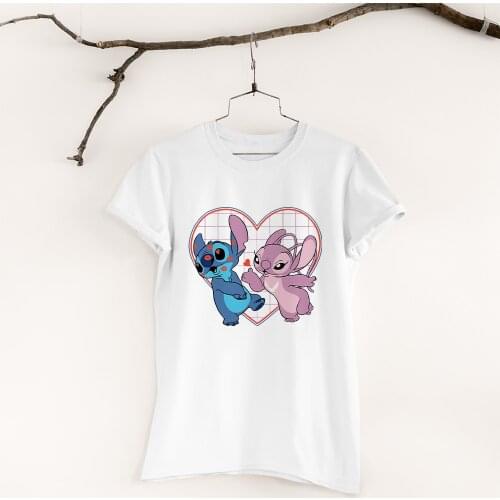 Disney Women T-Shirt Kawaii Cartoon Series Pattern Tshirts Black White Tees Fashion Cute Harajuku T Shirt Dropship Lilo & Stitch