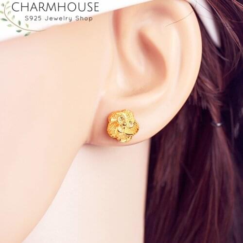 Wedding Jewelry Pure Gold Color GP Stud Earrings for Women Lovely Rose Flower Earing Brincos Femme Bridal Jewelery Accessories