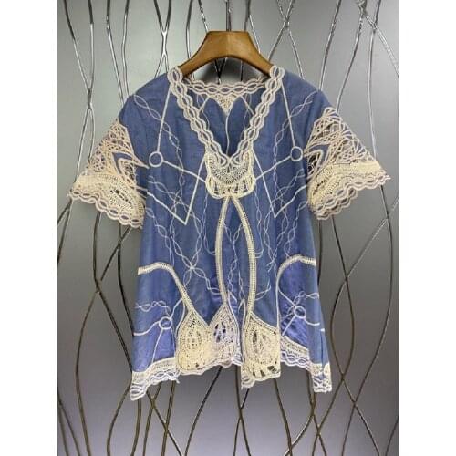 2021 Summer Fashion White Blue Tops High Quality Women V-Neck Exquisite Embroidery Short Sleeve Casual Cotton Tops Blouse