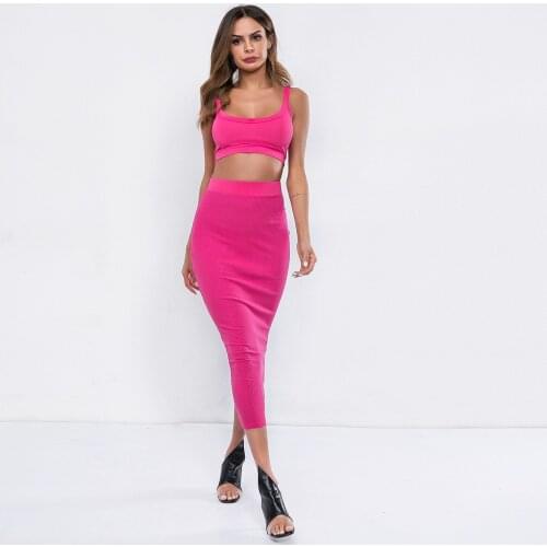 2019 Spring Women Two Piece Outfits O-Neck Vest+Tight Long Dress Rose Red High Waist 2 Piece Dress Pink Girl Style Women Clothe