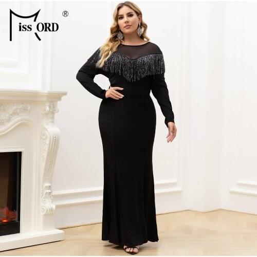 Missord 2021 Plus Size Women Dresses Summer Maxi Tassel Sheer Mesh Party Bodycon Prom Insert Fishtai Elegant Long Dress Black