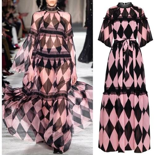 2021 Spring New Pink Geometric Printed Lace Patchwork Slim-Fit Lace-up Small Stand-up Collar Suspender Dress Women