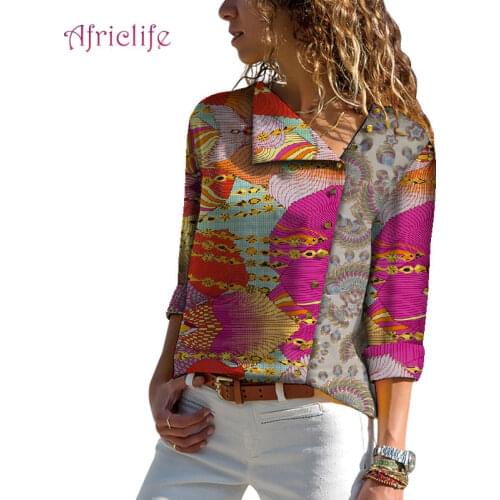 American Clothing Women Blouses Skew Collar Fashion Patchwork CottonTops Casual Plus Size Elegant Lady Work Wear Shirt WY9005