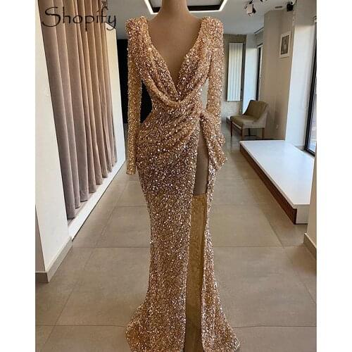 Sparkly Long Sleeve Sexy V-neck High Slit Gold Sequin Mermaid African Women Formal Party Night Evening Gowns