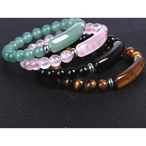 8mm Natural Stone Strand Beads Bracelet Reiki Healing Pink Quartz Aventurine Agates Rose Crystal Rectangle Bar Charms Bracelets