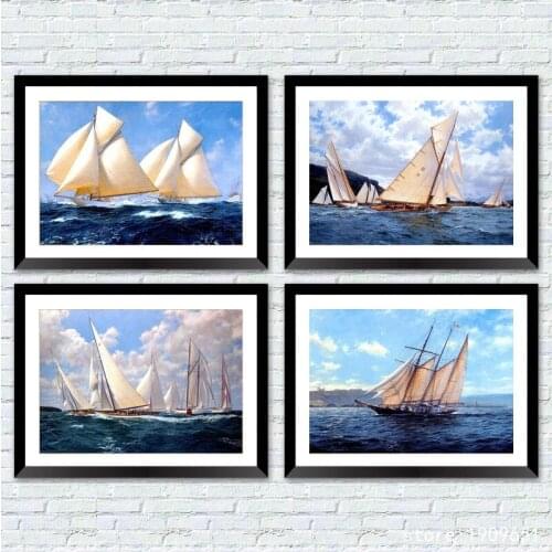 Cotton no frame classical white sailing sea scenery canvas printings oil painting printed on cotton wall art decoration picture
