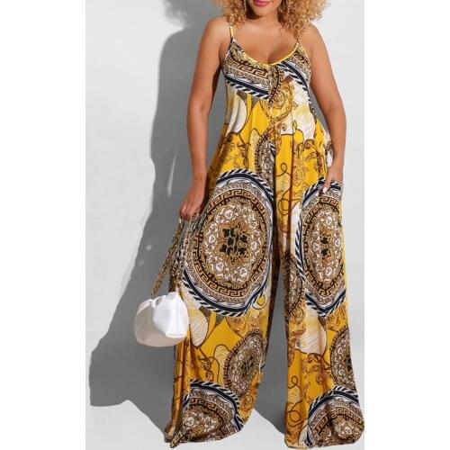 Women New Sleeveless Spaghetti Stap Print Wide Leg Jumpsuits Summer Fashion Oversize Long Rompers Comfy Loose Casual Jumpsuit