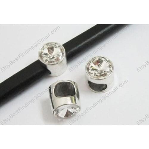 Rhinestone licorice leather slider 10x6mm crystal Licorice leather findings -LR82