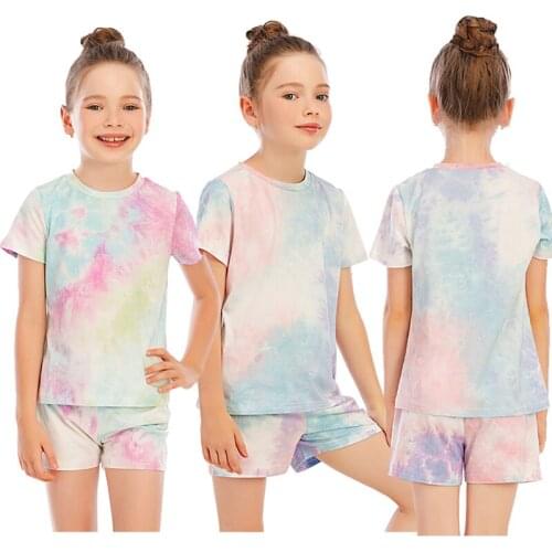 Aamikast GirlsSummer new childrens Pajama suit tie dyed Top + pants printed short sleeve shorts two piece set for home and out