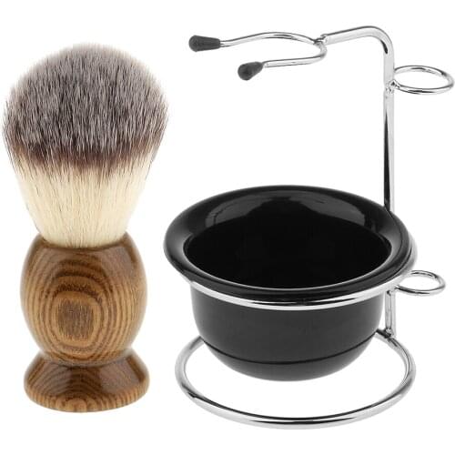 Set of 3 Pieces Natural Wood Shaving Brush + Stainless Steel Holder Stand Rack + Mens Shave Soap Cream Mug Bowl Set Kit