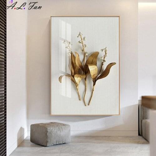 Golden plant leaves and flowers Wall art canvas painting Wall Pictures for Living Room Nordic Decoration Pictures morden decor
