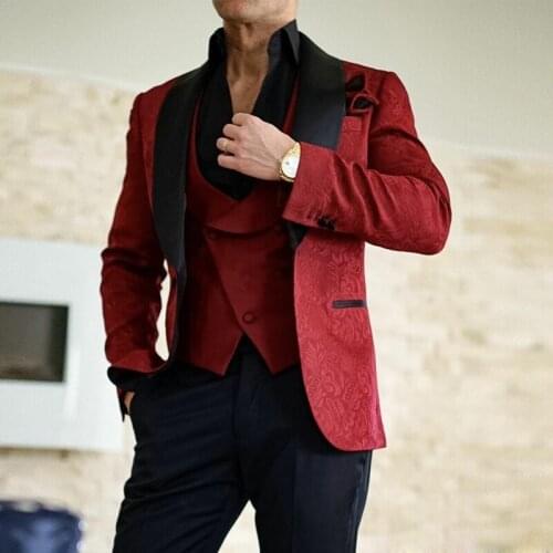 Burgundy Embossing Slim Fit Wedding Suits One Button Black Shawl Lapel Three Pieces Mens Tuxedos (Jacket+Pants+Vest+Tie)